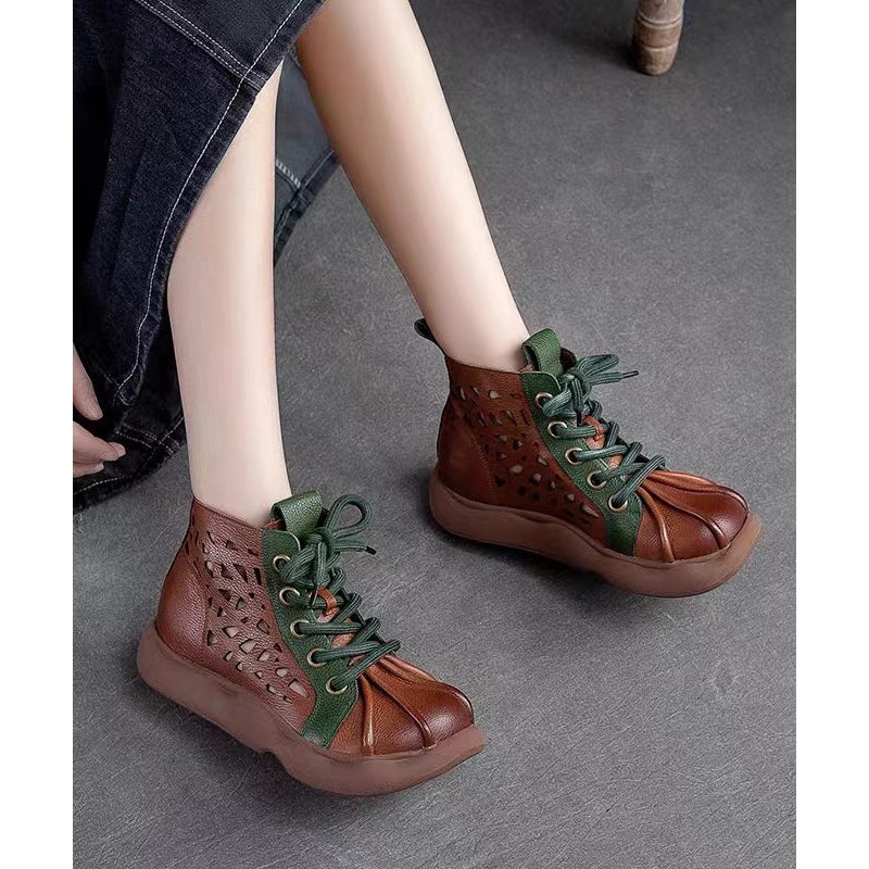 Retro Brown Cowhide Leather Splicing Lace Up Boots