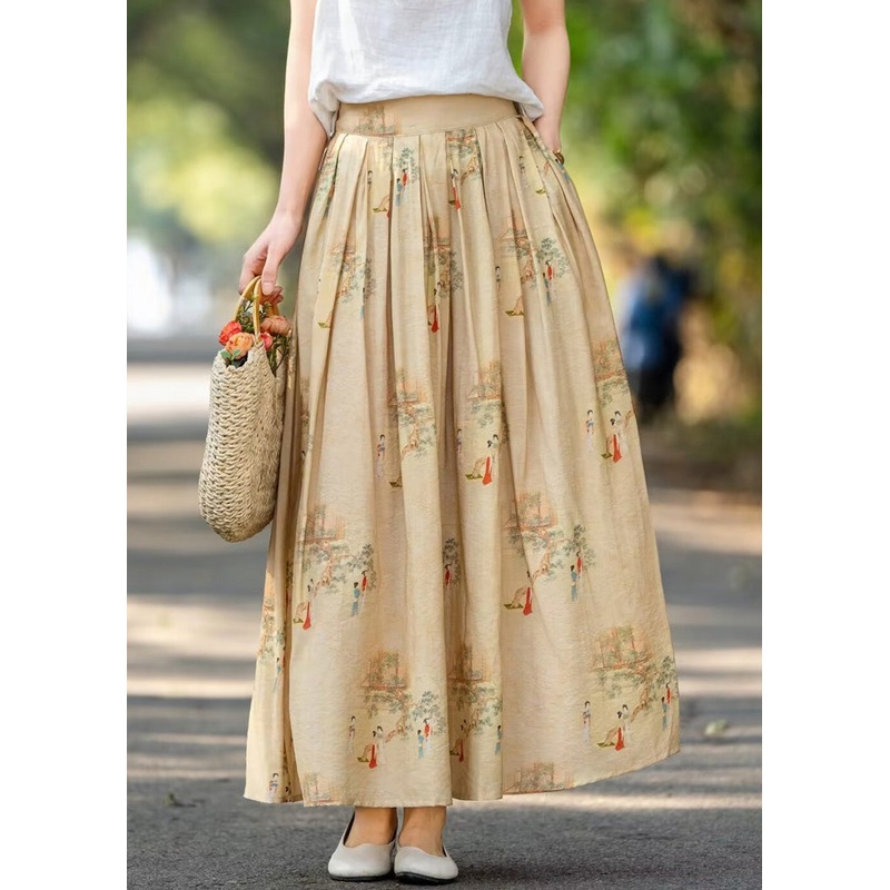 Retro Khaki Pockets Print Wrinkled High Waist Cotton Skirts Summer