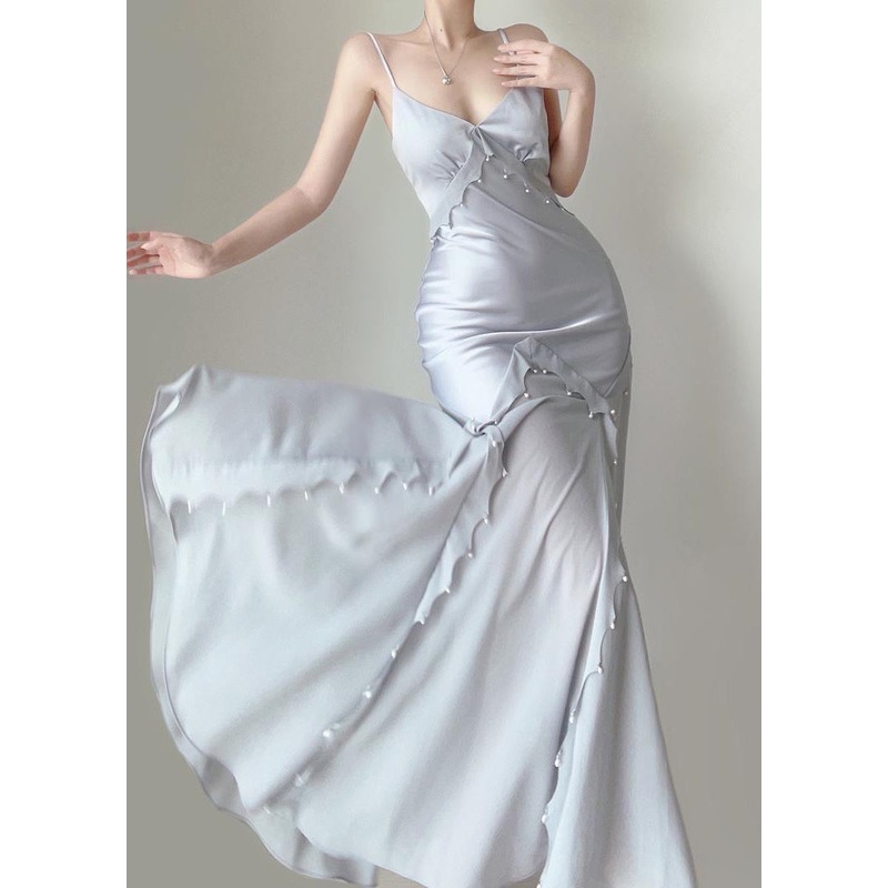 Sexy Blue Nail Bead Chiffon Patchwork Spaghetti Strap Dress Sleeveless