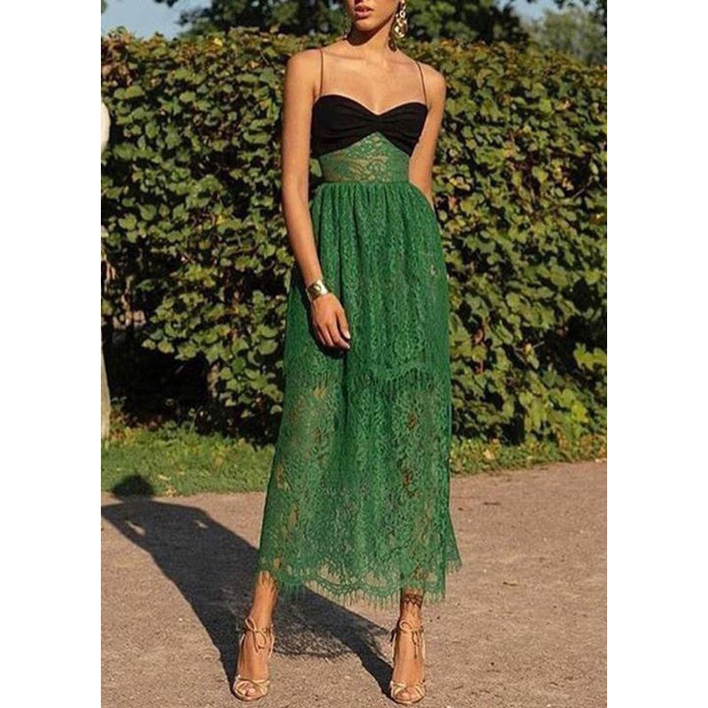 Sexy Green Cold Shoulder Patchwork Lace Spaghetti Strap Dress Sleeveless