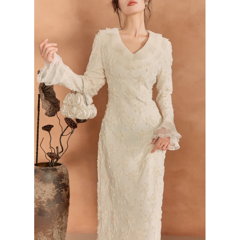 Style Beige V Neck Patchwork Lace Long Dress Fall