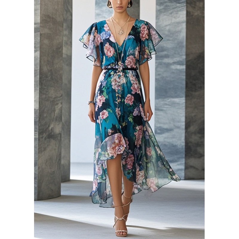 Style Peacock Blue Print Chiffon Party Dress Summer