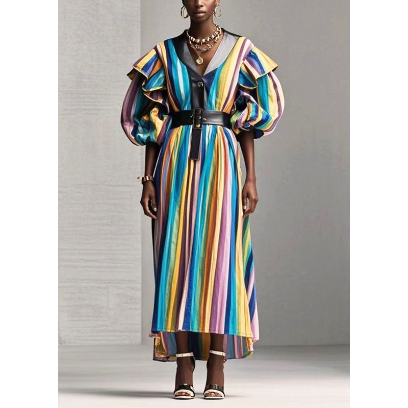 Style Rainbow Ruffled Striped Cotton Long Dress Fall