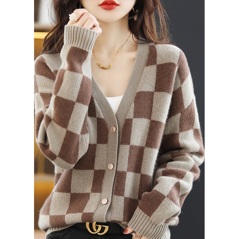 Stylish Coffee V Neck Plaid Woolen Loose Coat Fall