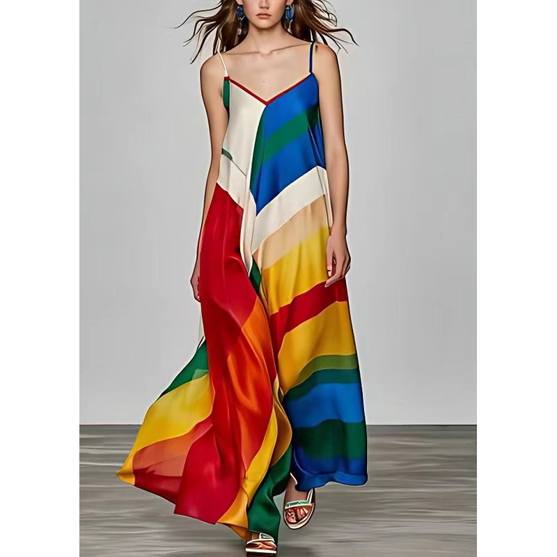 Stylish Photo Color V Neck Print Silk Spaghetti Strap Dress Sleeveless