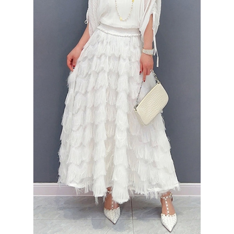 Stylish White Tassel Elastic Waist Maxi Skirt Spring
