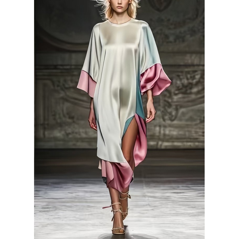 Unique Asymmetrical Patchwork Side Open Silk Dress Bracelet Sleeve