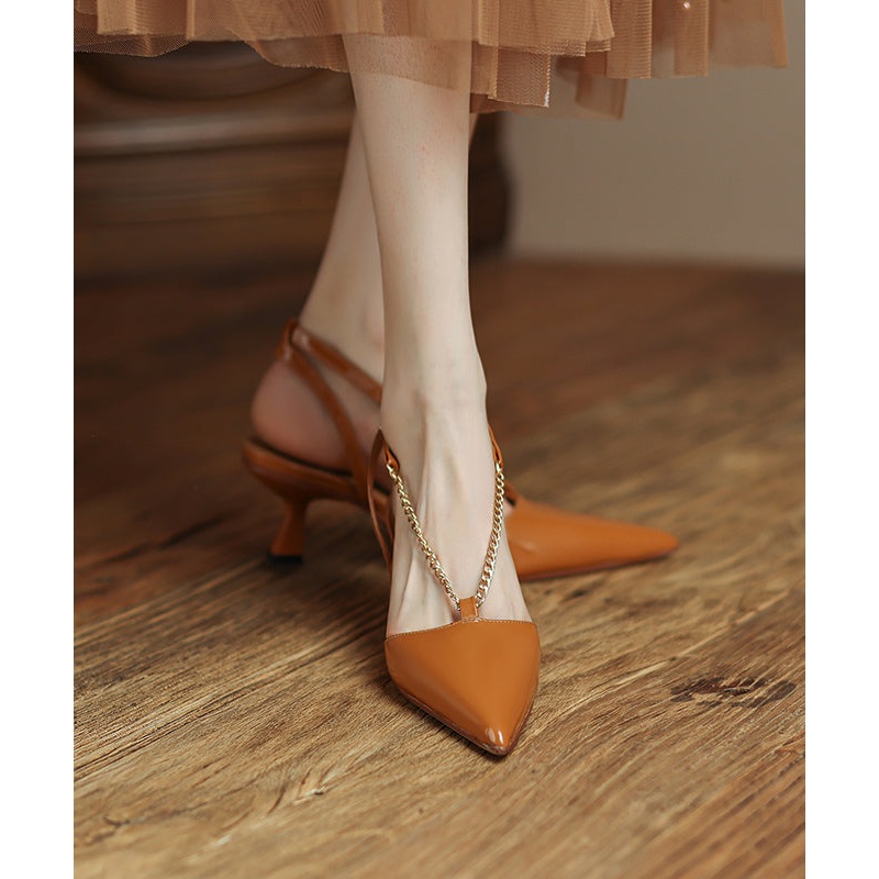 Unique Splicing High Heel Sandals Orange Sheepskin Pointed Toe