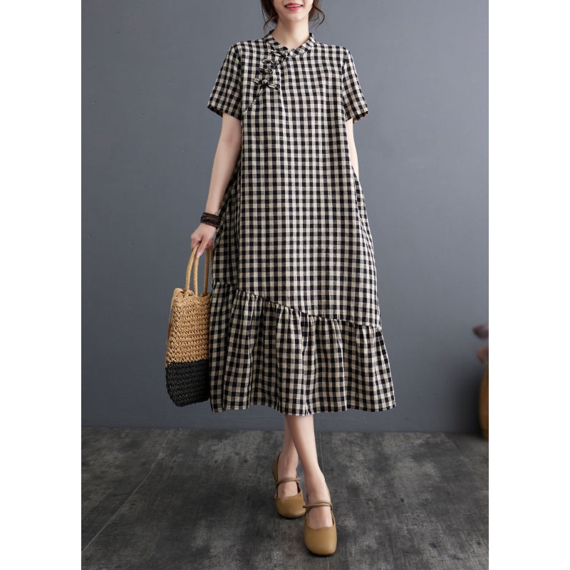 Vintage Big Plaid Stand Collar Patchwork Cotton Dress Summer