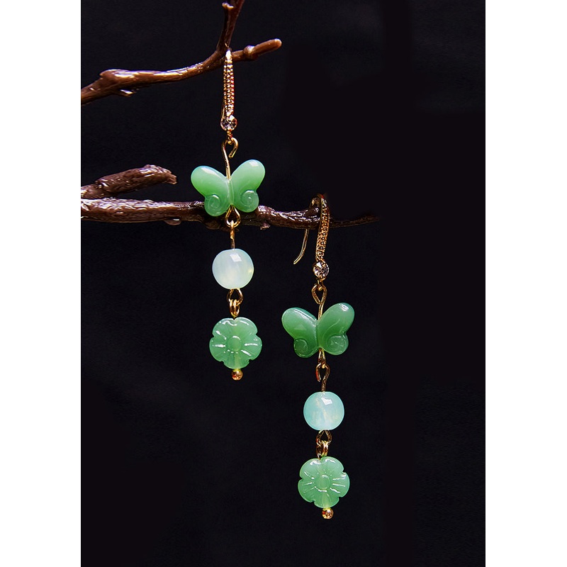 Vintage Butterfly Jade Zircon Drop Earrings