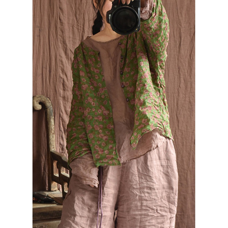 Vintage Green Button Print Linen Blouse Long Sleeve