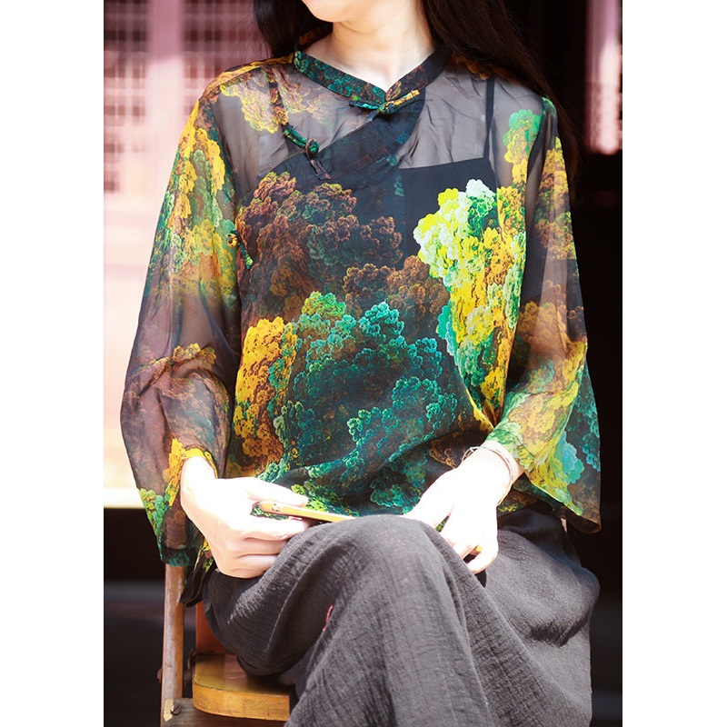 Vintage Photo Color Stand Collar Print Button Tulle Shirt Bracelet Sleeve