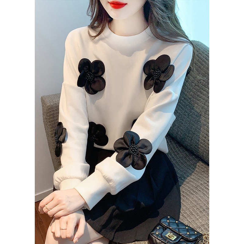 White Nail Bead Loose Cotton Sweatshirts O Neck Fall