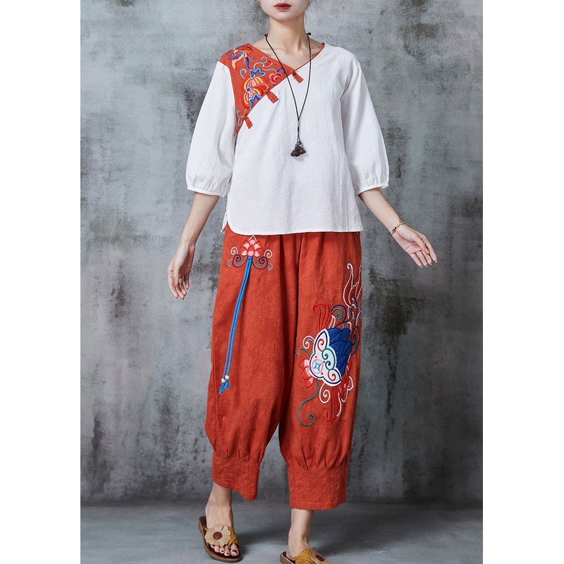 White Oriental Linen Two Piece Set Women Clothing Embroidered Summer