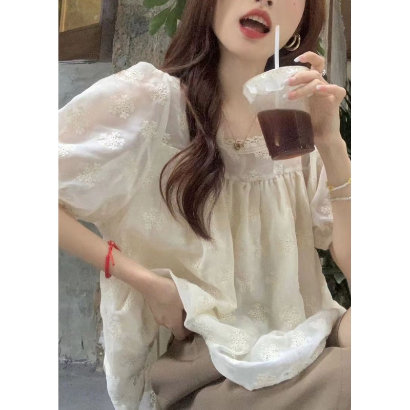 Women Apricot Square Collar Embroidered Cotton T Shirt Summer