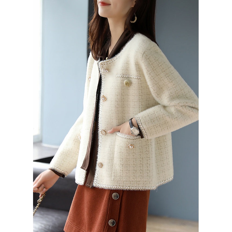 Women Beige O-Neck Plaid Cotton Coats Spring