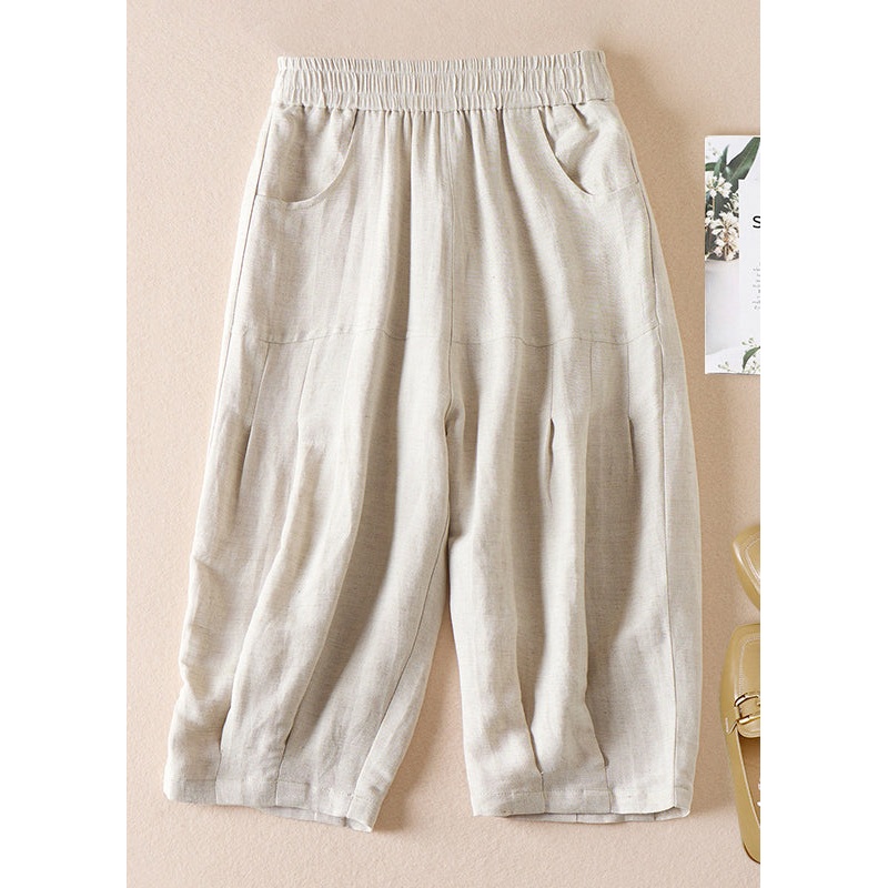 Women Beige Pockets Wrinkled Elastic Waist Cotton Shorts Summer