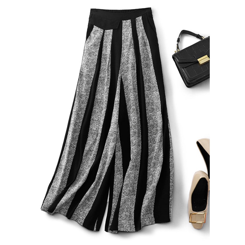 Women Black Striped Patchwork Cotton Wide Leg Pants Fall
