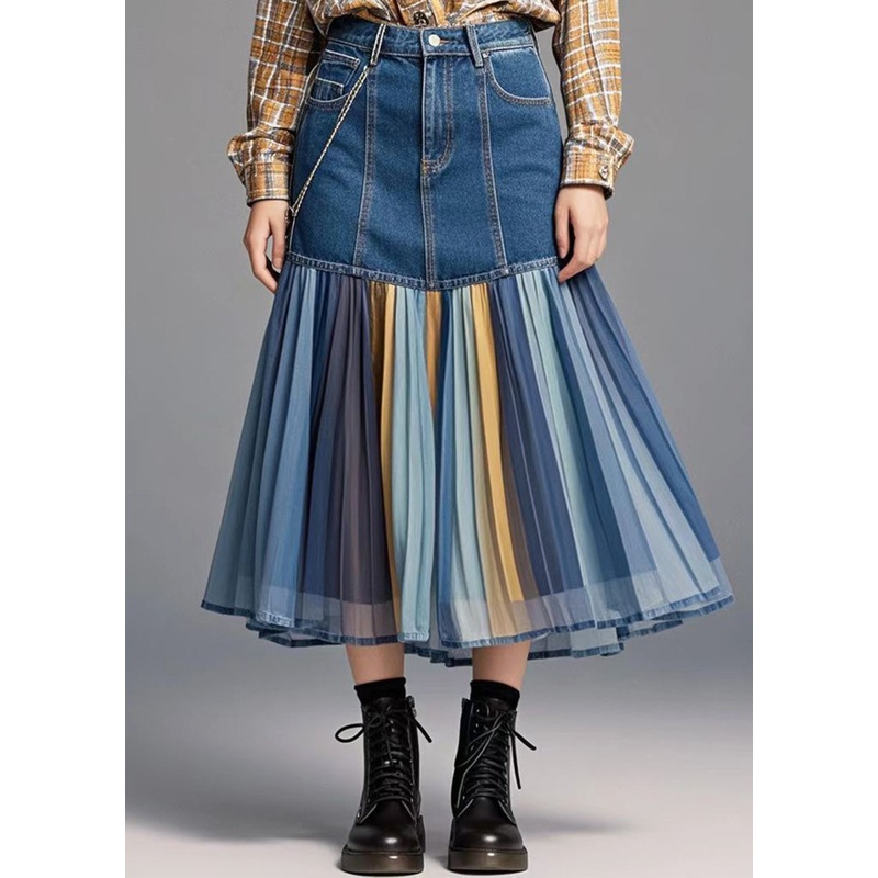 Women Blue Patchwork Rainbow Striped Denim Skirt Fall