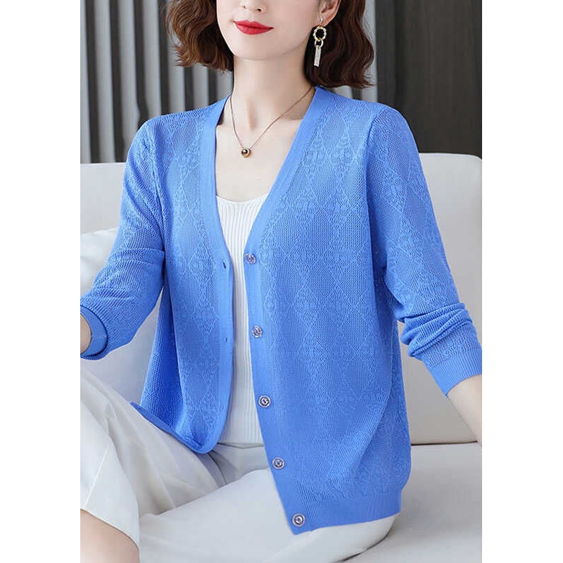 Women Blue V Neck Ice Silk Knit Loose Coat Fall