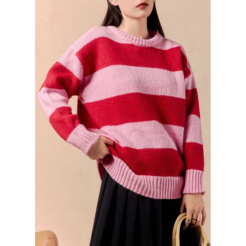 Women Striped O Neck Cozy Patchwork Knit Sweater Winter