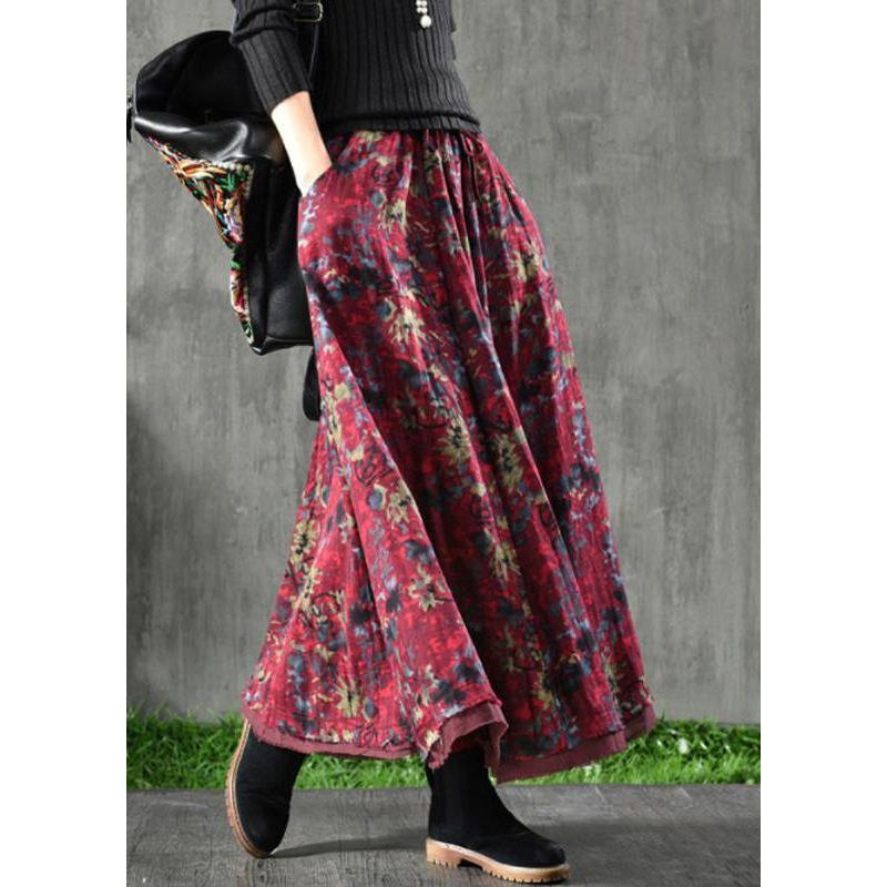 Women Velour Red Floral Maxi Skirt