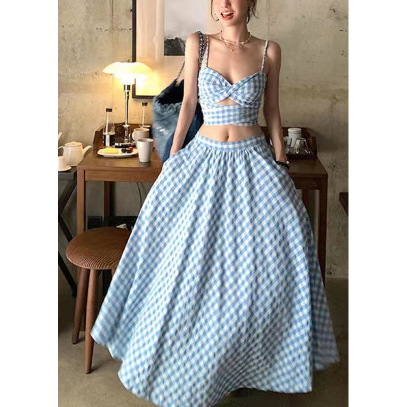 2024 New Blue Plaid Suspended Tank Top High Waist Skirt Summer Set