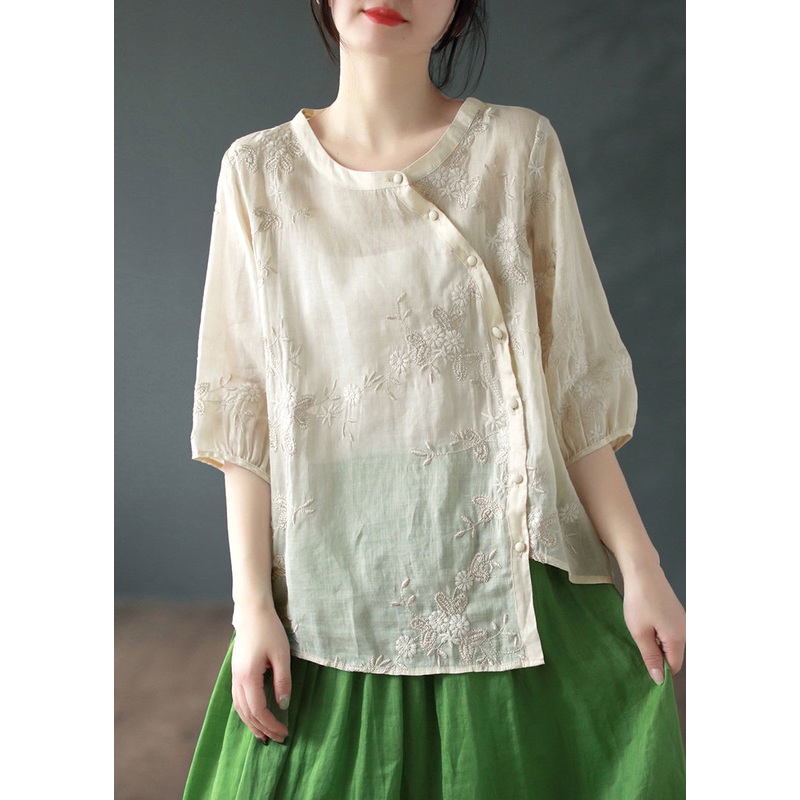 Apricot Embroidered Patchwork Linen Blouses O Neck Half Sleeve