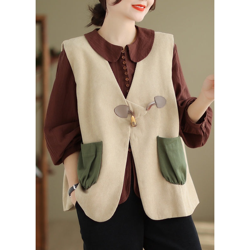 Apricot Pockets Corduroy Vest V Neck Horn Button Sleeveless
