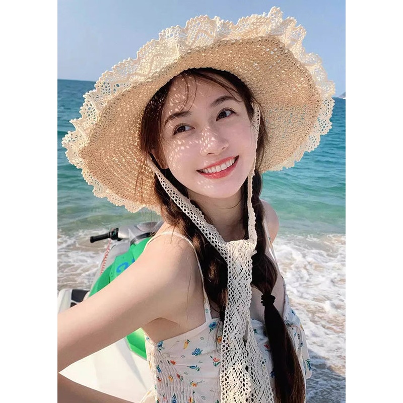 Art Beige Lace Patchwork Hollow Out Straw Woven Bucket Hat