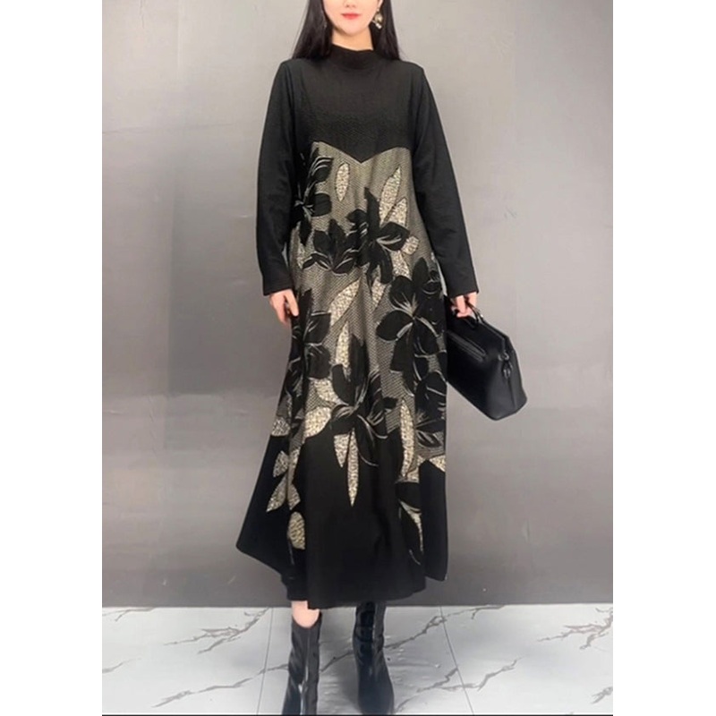 Art Black Stand Collar Print Patchwork Cotton Dresses Fall