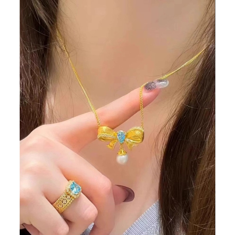 Art Gold Stainless Steel Alloy Zircon Pearl Butterfly Pendant Necklace