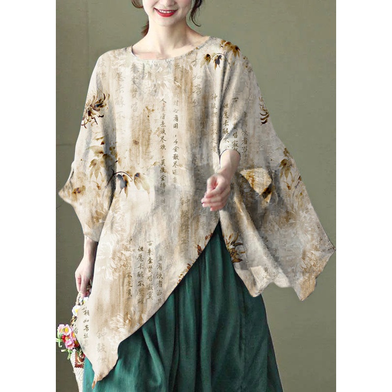 Art Yellow text Asymmetrical Design Embroidered Summer Ramie Shirt Tops