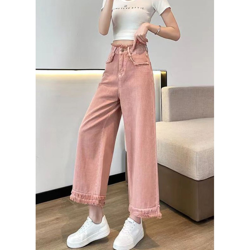 Beautiful Pink Tasseled High Waist Denim Wide Leg Pants Spring