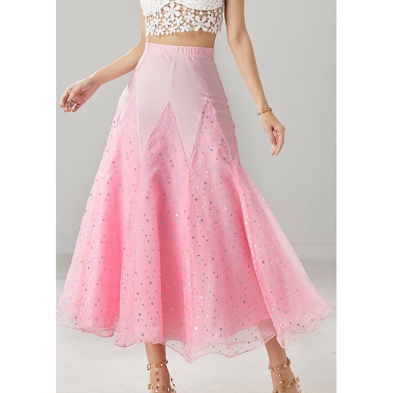 Beautiful Pink Zircon Patchwork Tulle Dance Skirt Spring