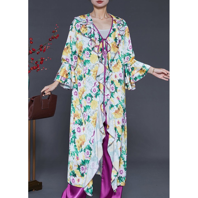 Beautiful Ruffles Print Silk Two Piece Set Flare Sleeve