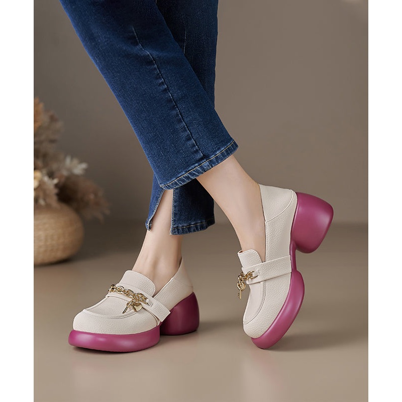 Beige Cowhide Leather Loafer Shoes Platform Splicing