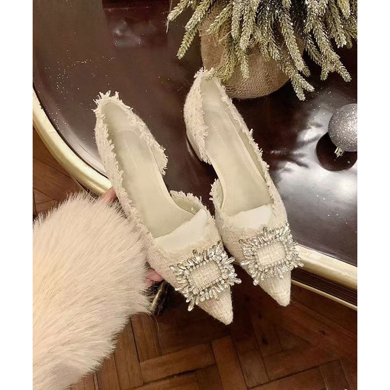 Beige French Zircon Splicing Flat Feet Shoes Pointed Toe