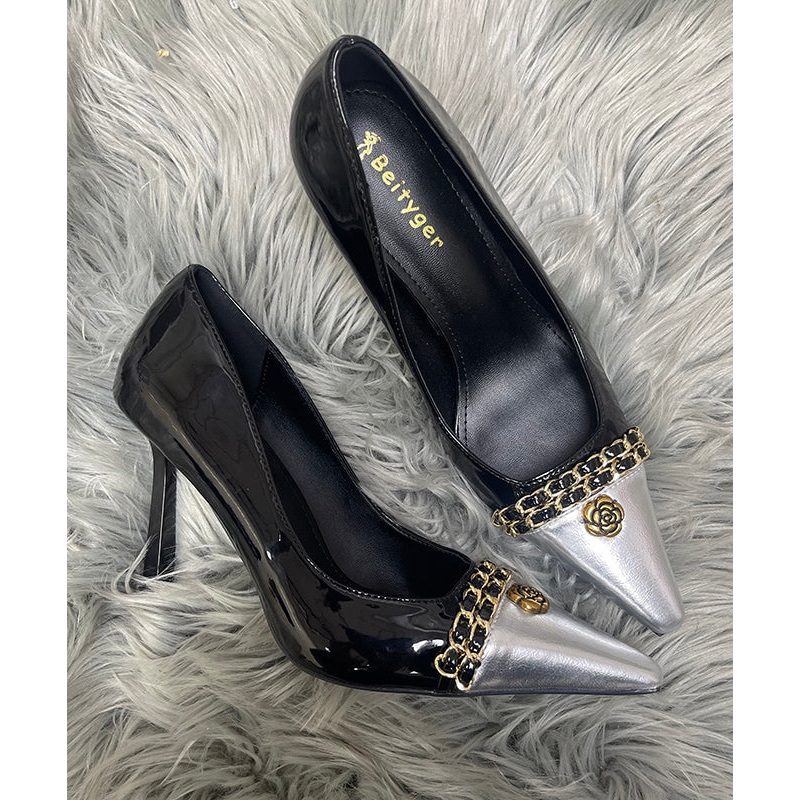 Black High Heels Stiletto Sheepskin Chic Splicing Sequined Linked