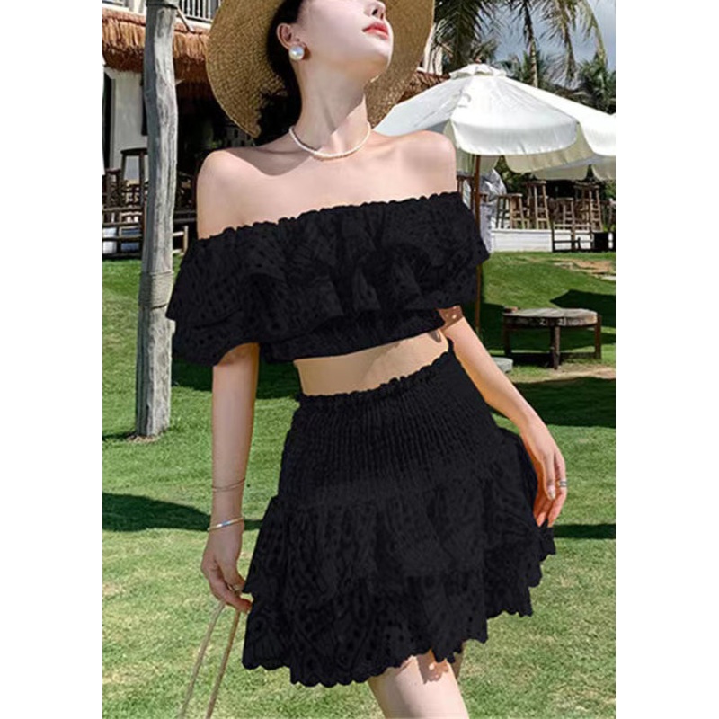 Black Ruffled Cotton Two Piece Suit Set Slash Neck Short Sleeve
