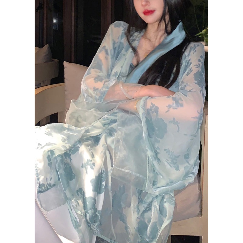 Blue Lace Up Silk Velour Shirts V Neck Batwing Sleeve