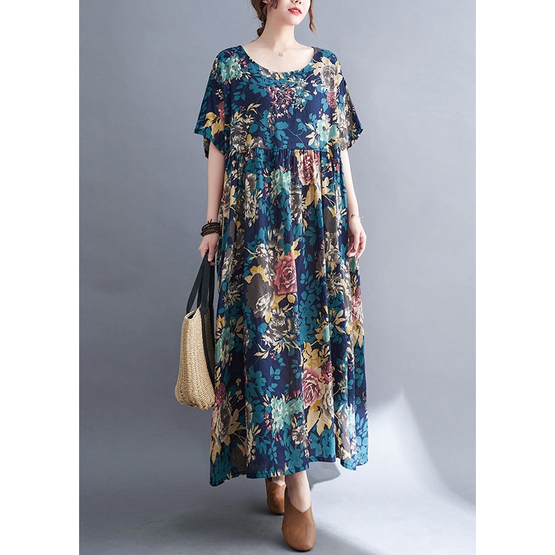 Blue Patchwork Wrinkled Holiday Maxi Dress Summer