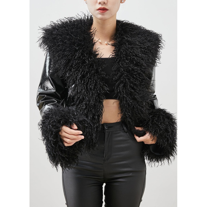 Bohemian Black Fur Collar Patchwork Faux Leather Coat Winter