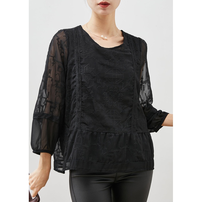 Boho Black Embroidered Tulle Blouse Top Bracelet Sleeve
