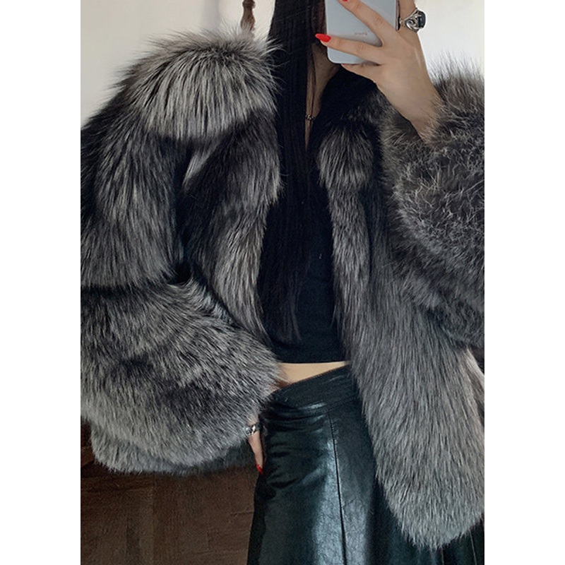 Boho Dark Grey Peter Pan Collar Leather And Fur Coats Winter