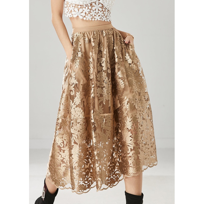 Casual Brown Embroidered Tulle A Line Skirts Spring
