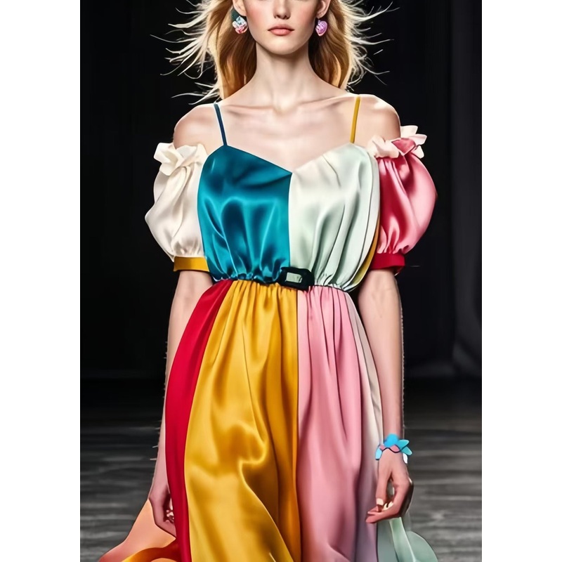 Casual Colorblock Puff Sleeve Patchwork Silk Cami Dresses Summer