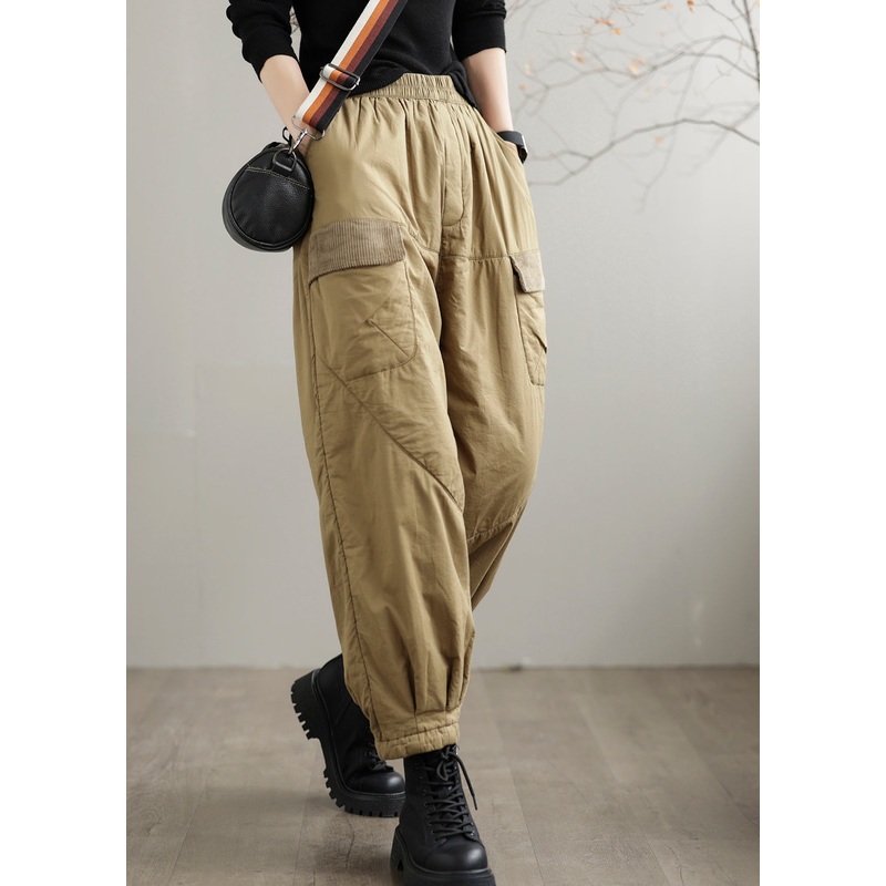Casual Khaki Pockets Patchwork Fine Cotton Filled Pants Winter