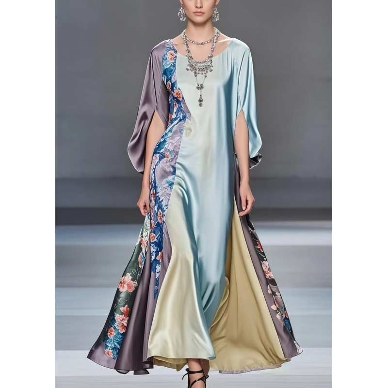 Casual Multicolour Patchwork Exra Large Hem Silk Dress Batwing Sleeve