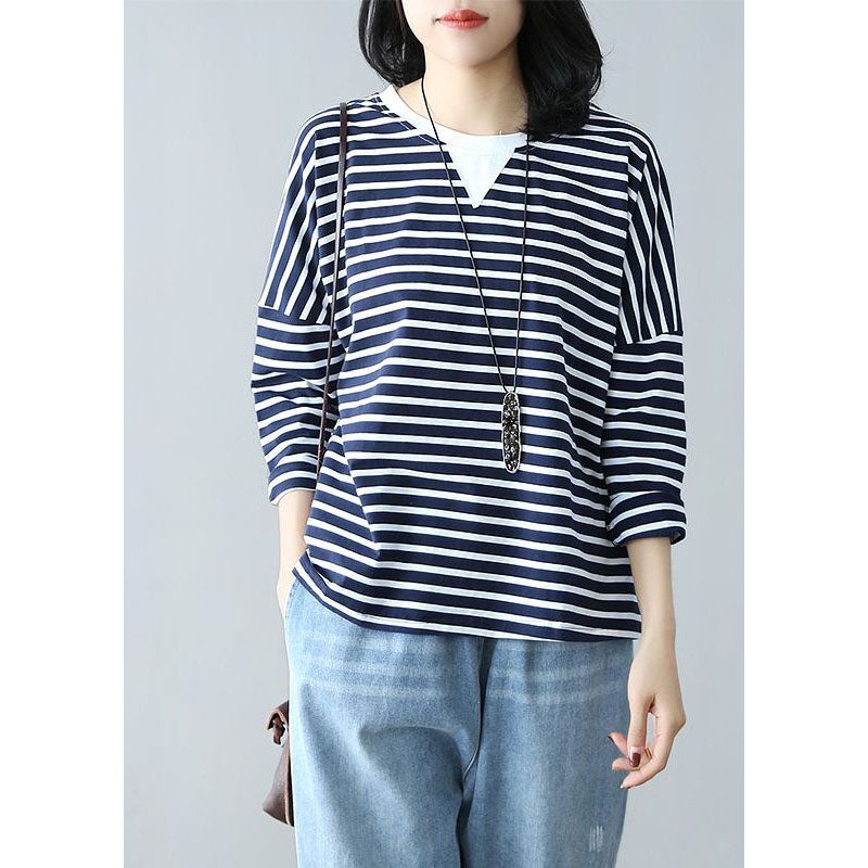 Casual Navy Oversized Patchwork Striped Cotton Top Spring